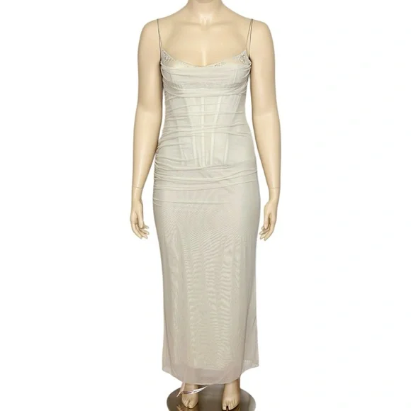 HOUSE OF CB Nalini Mesh Lace Corset Maxi Dress, Sand, L+